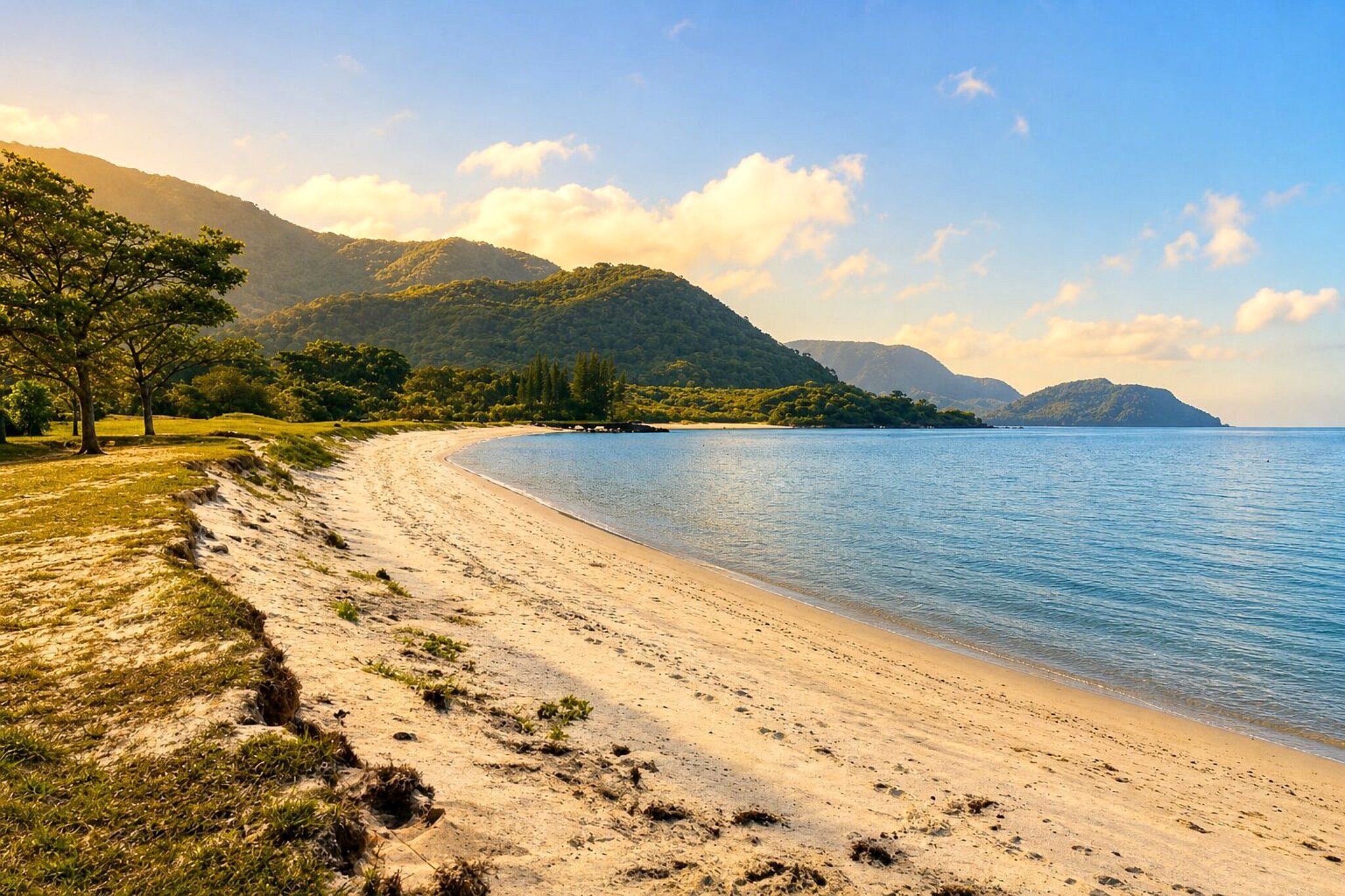 Vista da praia com a cadeia de montanhas cobertas por Mata Atlântica